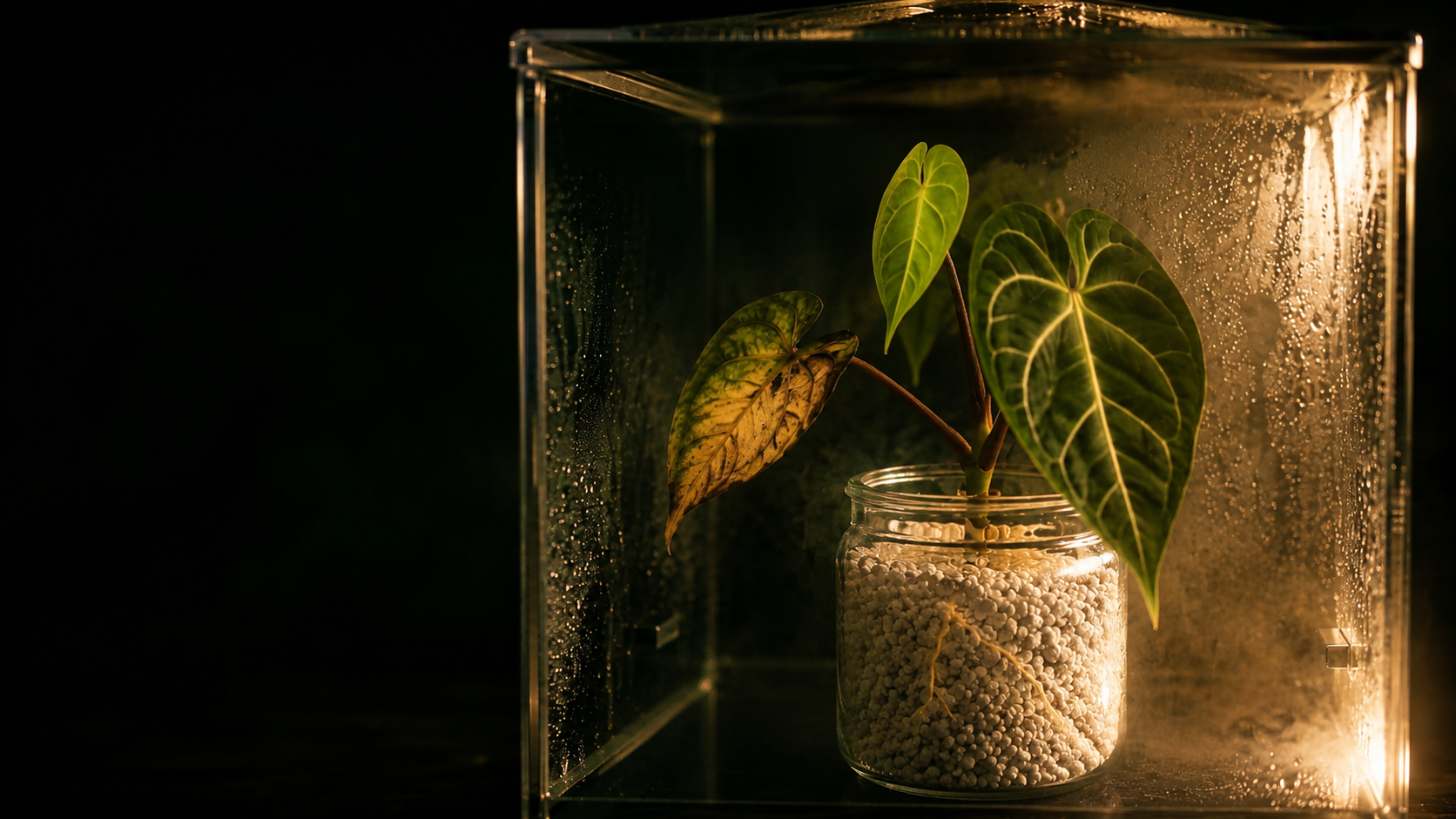 Close-up of hands gently holding a bare-rooted imported plant over dark marble, trimming away damaged roots with clean gold-handled scissors, fresh pale roots catching warm light, moody emerald background, clinical-yet-elegant botanical mood
