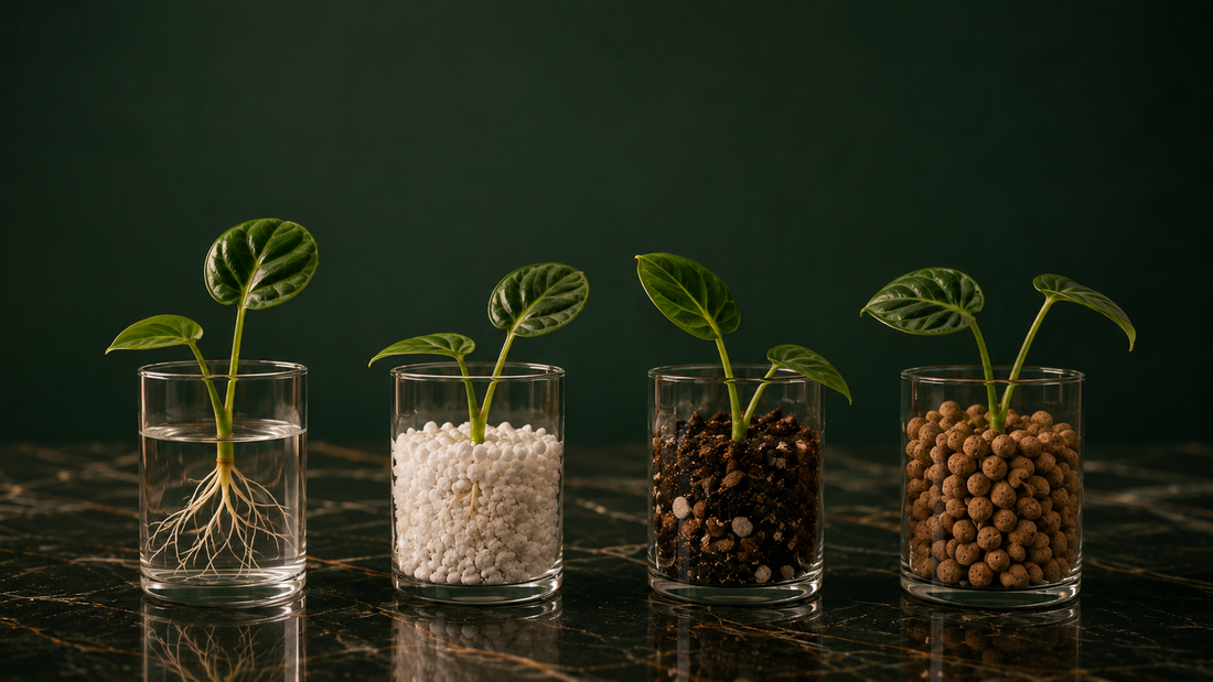 Macro of a healthy plant cutting rooting in a glass jar of perlite and dark Fluval substrate, sturdy white roots threading through the airy mix, gold rim-light tracing the roots against a near-black emerald backdrop, premium scientific still-life mood